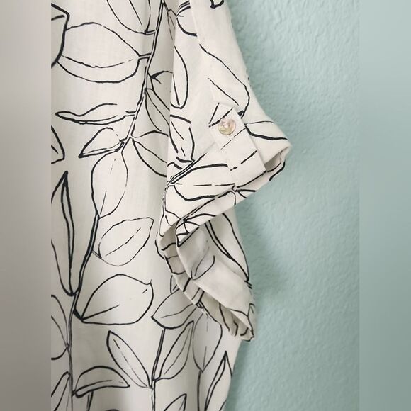 Cynthia Rowley Linen Minimalist Coastal White and Black Leaf Blouse - Picture 4 of 10